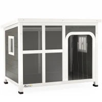Casetta per Cani con Finestrelle e Ingresso a Tenda, in Legno di Abete, 90x62x71 cm, Grigio Chiaro