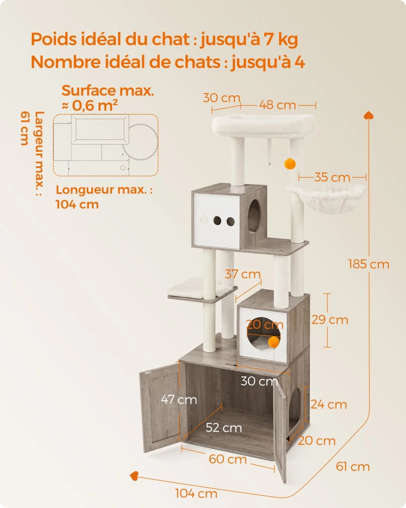 Tiragraffi moderno con lettiera torre gioco tiragraffi con toilette 185 cm nicchia piattaforma tappetini lavabili grigio 12_0003865