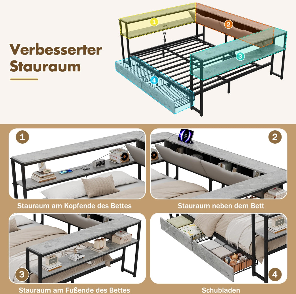 Letto imbottito 140 x 200 cm grigio con cassetti, vani e ricarica USB Type-C