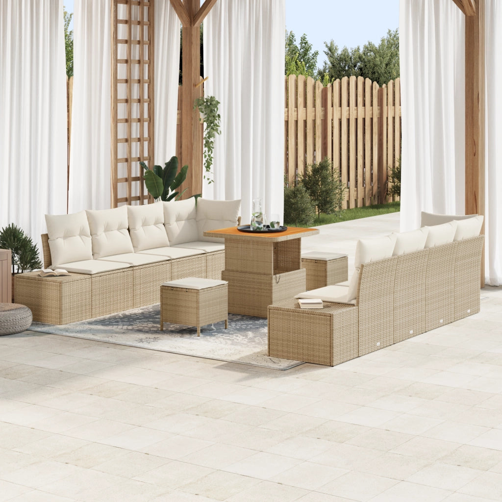 Set di Divano da Giardino 11 Pezzi con Cuscini Beige Polyrattan Acacia