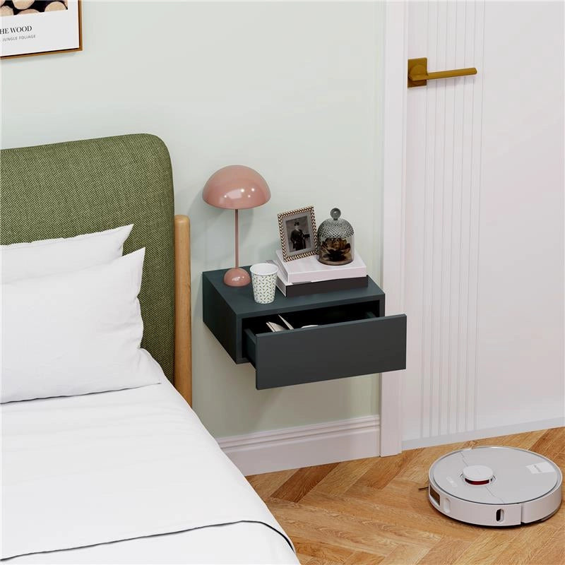 COMODINO SOSPESO MODERNO CON CASSETTO IN LEGNO 40X30X15 CM NERO