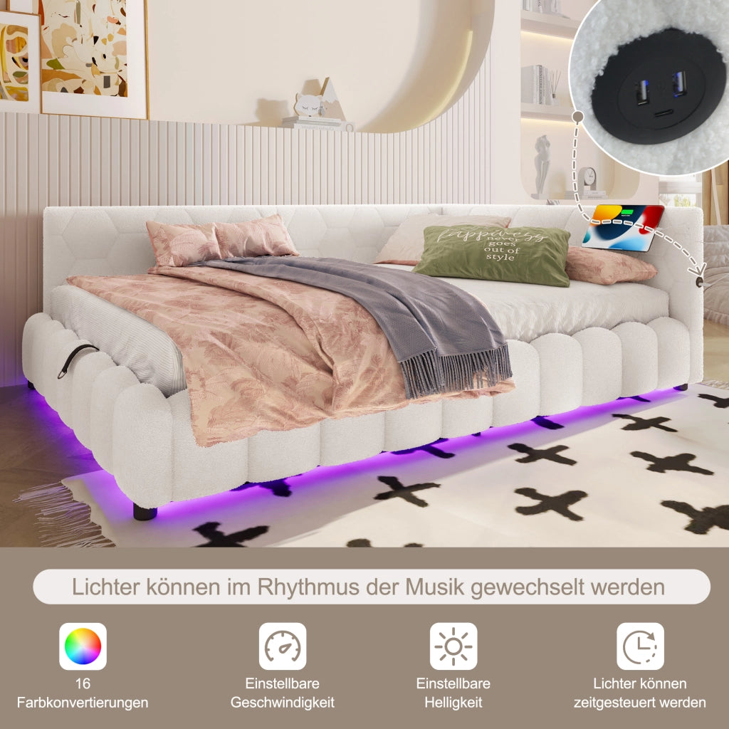 Letto giorno con funzione divano a rete elettrica in velluto bianco 90x200 cm