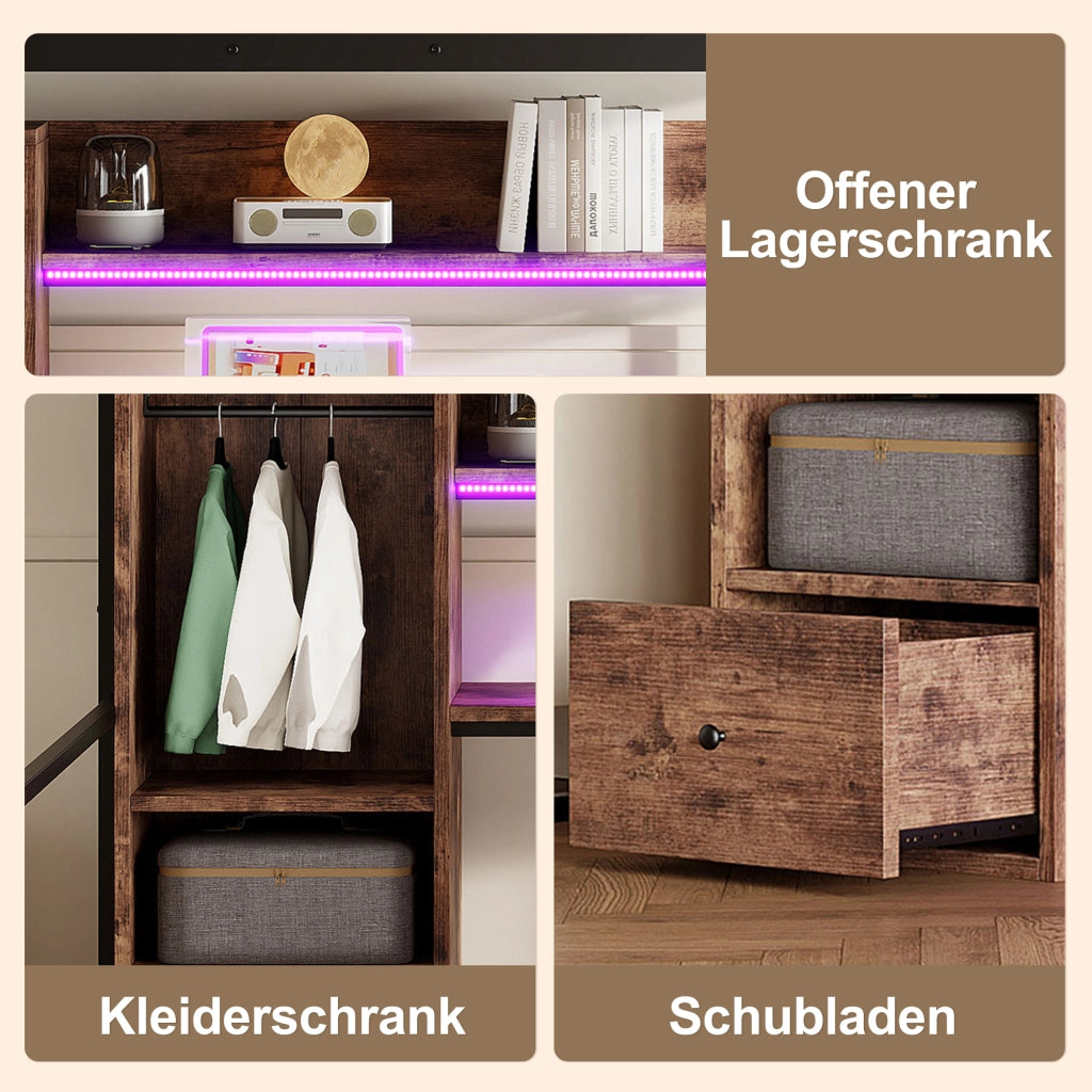 OKWISH Letto a Soppalco 140×200 cm, Letto Matrimoniale con LED 16 Colori, Scrivania, 1 Cassetto, Mensole e Sponda, senza Materasso, Nero