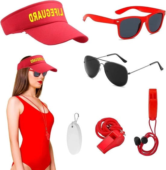 Kit di accessori universale per donna e uomo – con cappello da bagno fischietto di emergenza e occhiali da sole - ideale per spiaggia e piscina