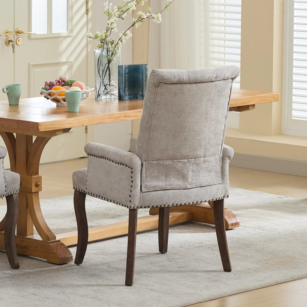 Sedia da pranzo, venduta singolarmente, tessuto chenille, gambe in legno massello, con braccioli, grigio chiaro