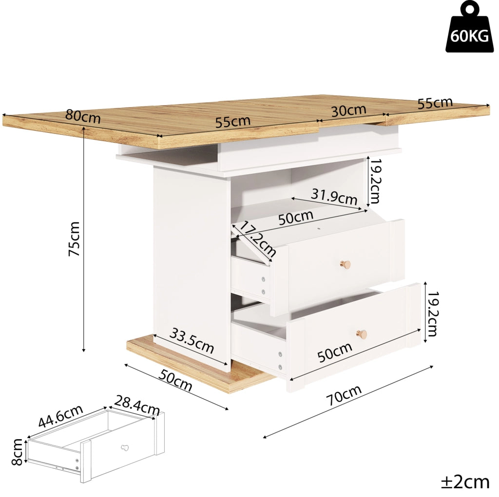 Tavolo da pranzo allungabile 110-140x80x75 cm con vano portaoggetti; MDF e metallo