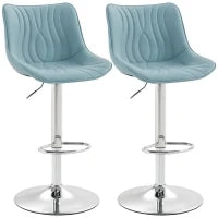 Set di 2 sgabelli da bar, con struttura in acciaio, altezza regolabile 92-110 cm, schienale e poggiapiedi, Blu