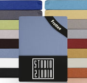 Lino 200 x 200 cm, 100% cotone lavorato a maglia, Oeko-Tex 100, qualità eccellente, lino per lenzuola, jersey, adatto per tutti i letti con altezza massima del materasso 25 cm, colore medio blu.