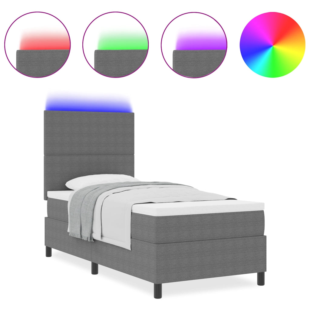 Letto Box Spring con Materasso & Luce LED Grigio 100x200 cm Tessuto in Velluto a Corda