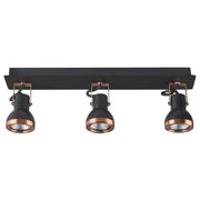 Plafoniera a 3 fuochi con braccio oscillante in metallo nero e rame con paralume a cono faretto design a binario rettangolare