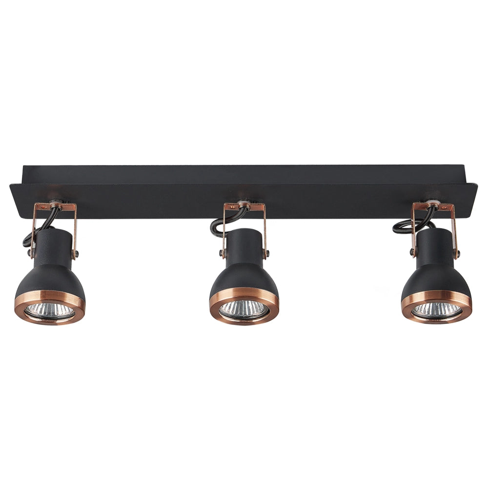 Plafoniera a 3 fuochi con braccio oscillante in metallo nero e rame con paralume a cono faretto design a binario rettangolare