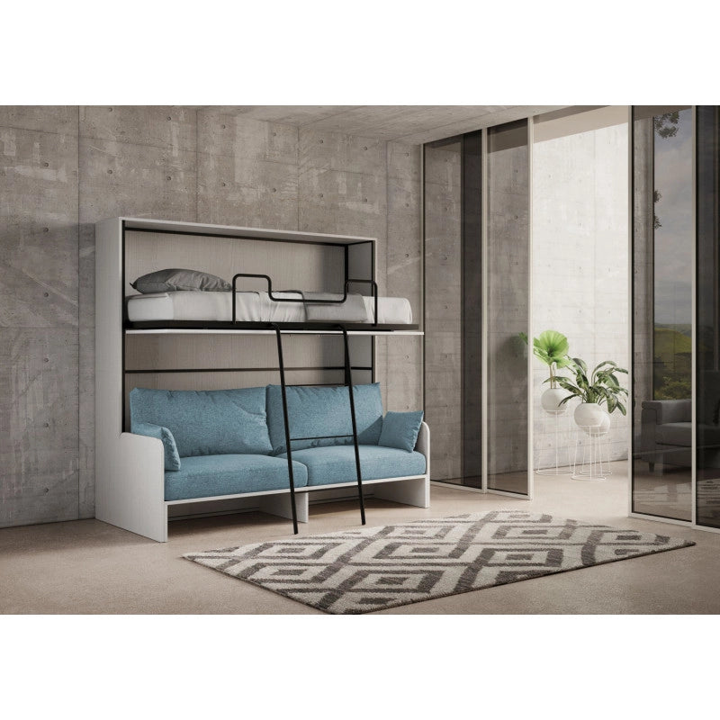 Letto doppio a scomparsa Kando con divano , azzurro - Bianco Frassino