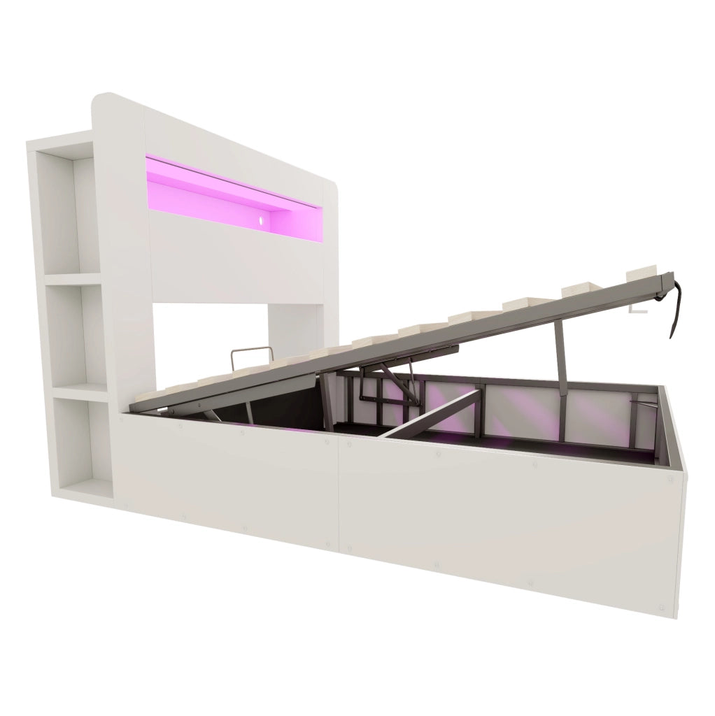 Letto contenitore 140x200 cm in legno con LED, prese integrate e testiera con vani