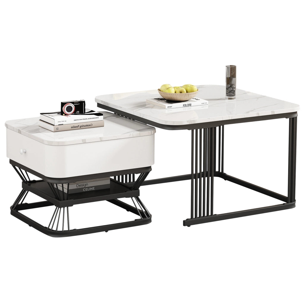 Set di tavolini da caffè 70x70x45 cm + 50x50x40 cm; piano effetto marmo; MDF e metallo; bianco e nero