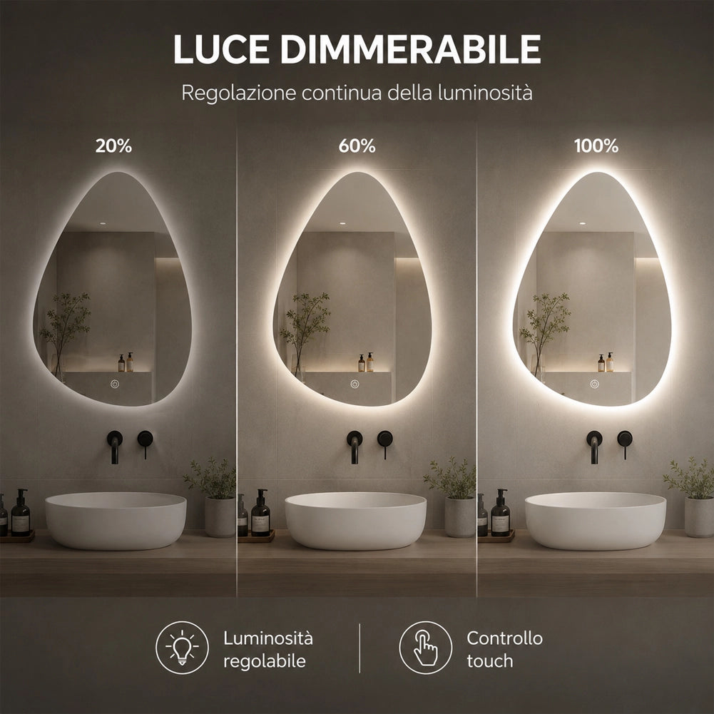 Specchio a Goccia Diametro 50x60 cm Led a 3 Colori Dimmerabile Accensione Touch