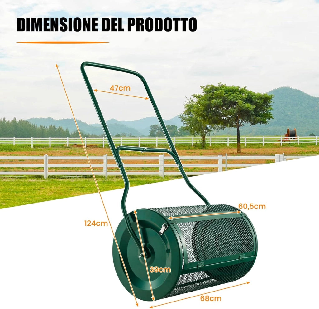Spandiconcime da 60,5 cm, Rullo da Giardino con Impugnatura Pratica Chiusure Laterali e Rete in Metallo per Concimazione e Semina, Rullo Spandiconcime per Prato Giardino, Verde