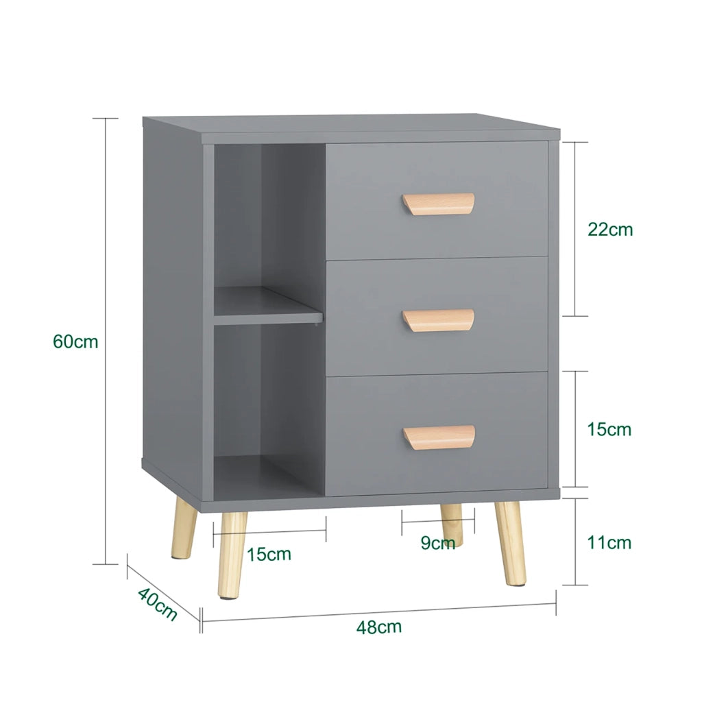Comodino Piccolo Tavolino Divano Con 3 Cassetti Comodino Comodini L48*P40*A60cm Grigio FBT95-HG SoBuy