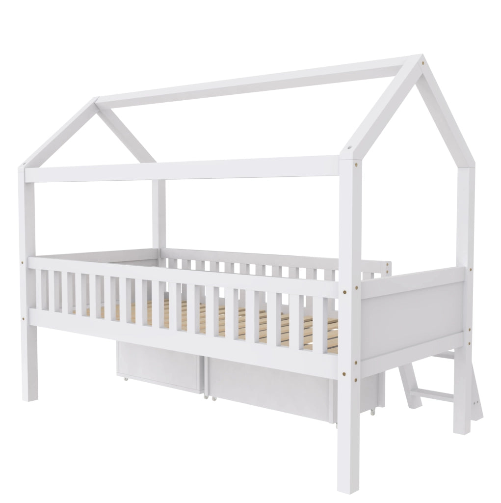 Letto a casetta per bambini 90x200 cm in legno di pino con scala; cassetti e sponde; bianco