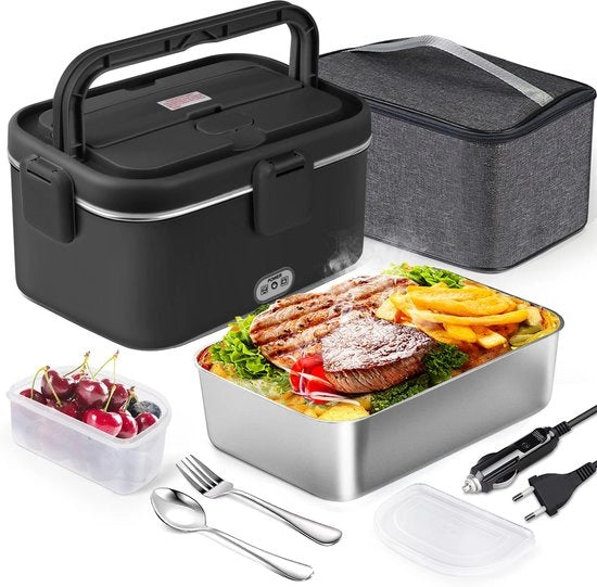 Elektrica portatile da 1.8L 80W, 12V 24V 220V, grande riscaldatore alimentare con tasca, forchetta e cucchiaio in acciaio inossidabile per auto, camion e ufficio (nero)