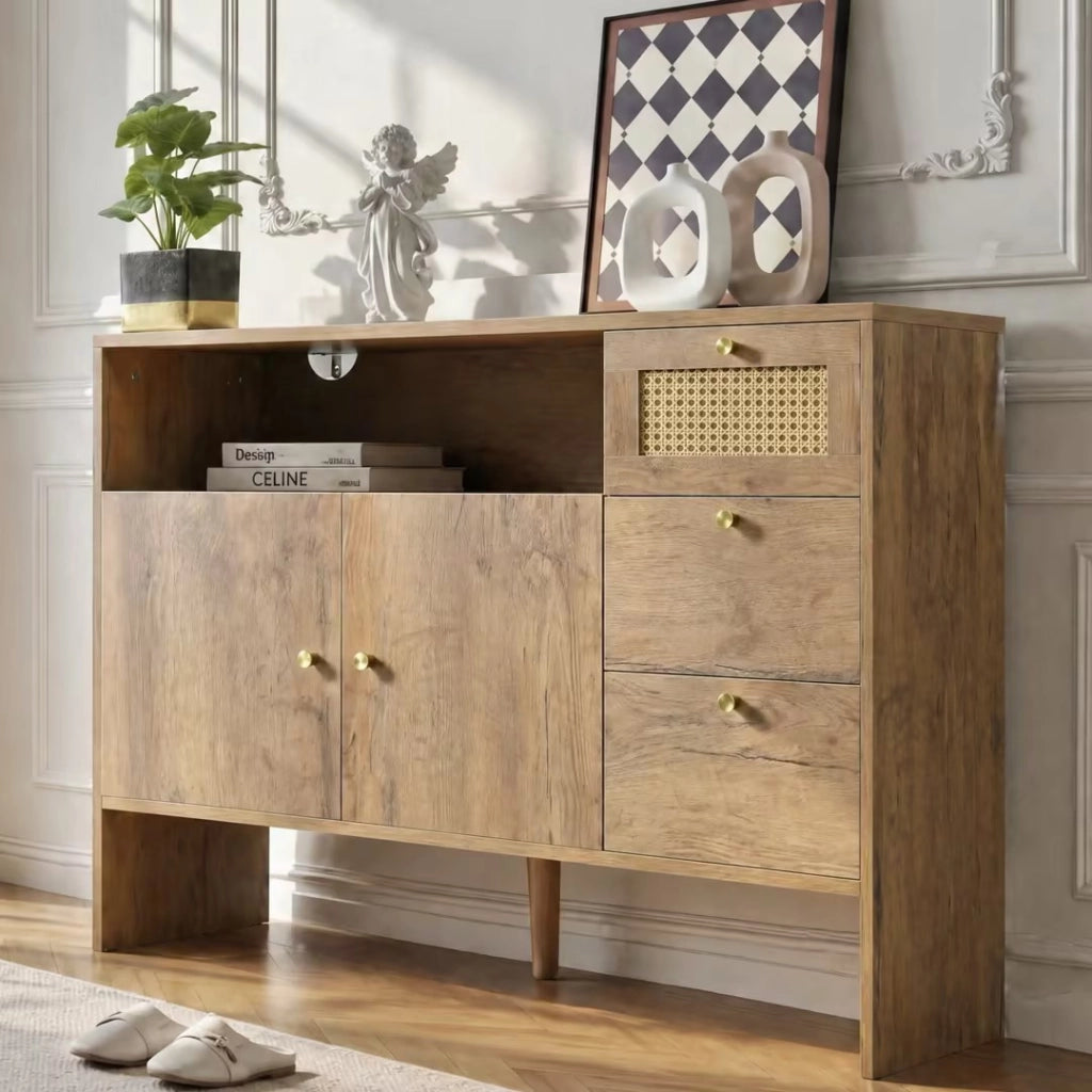 Credenza, 3 cassetti, decorazioni in vimini, finitura effetto legno, 105 x 40 x 76 cm, color legno naturale