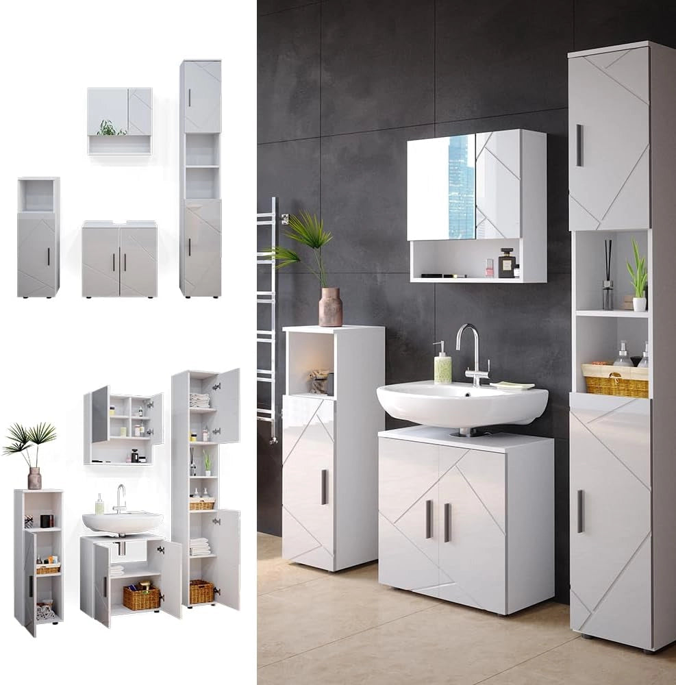 Set mobili bagno Irma, Bianco lucido, 80 cm, composto da mobile lavabo, pensile a specchio, colonna e base media