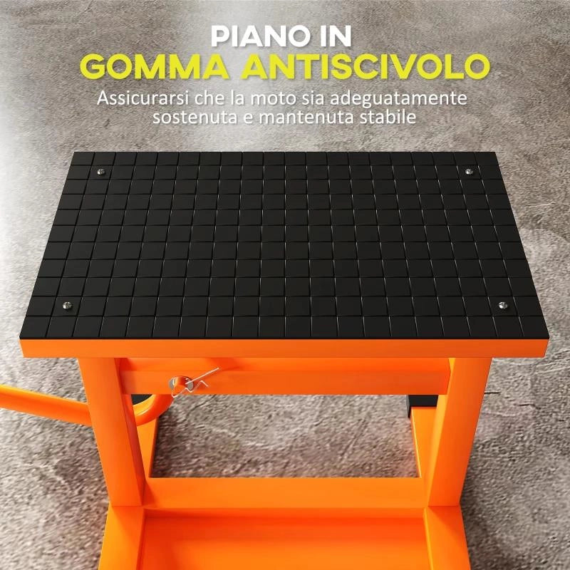 CAVALLETTO ALZAMOTO MAX 150 KG IN METALLO CON SUPERFICIE IN GOMMA E MANOVELLA, 48X34X43 CM, ARANCIONE