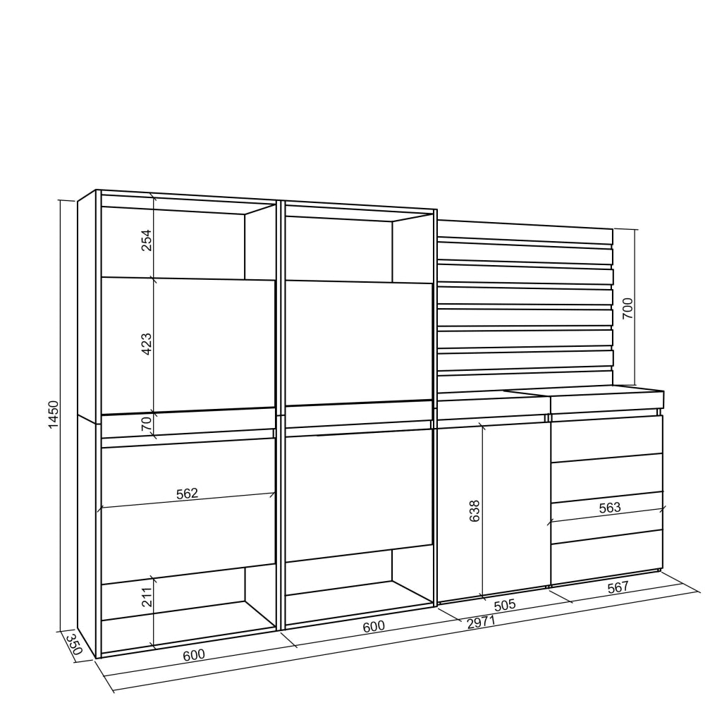 Scarpiera, 227x35x145cm, Camera da letto, Cassettiera, Pannelli Decorativi, colore Rovere RF3548