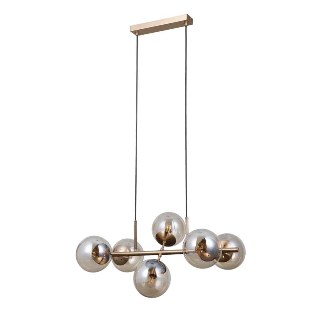 Lampadario moderno oro, sfere vetro ambra 6xE14 Molite