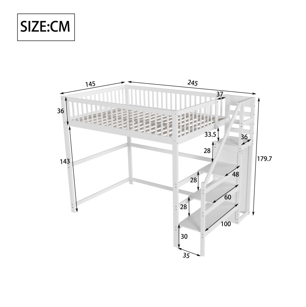 Letto a soppalco 140x200 cm bianco con scala e armadio