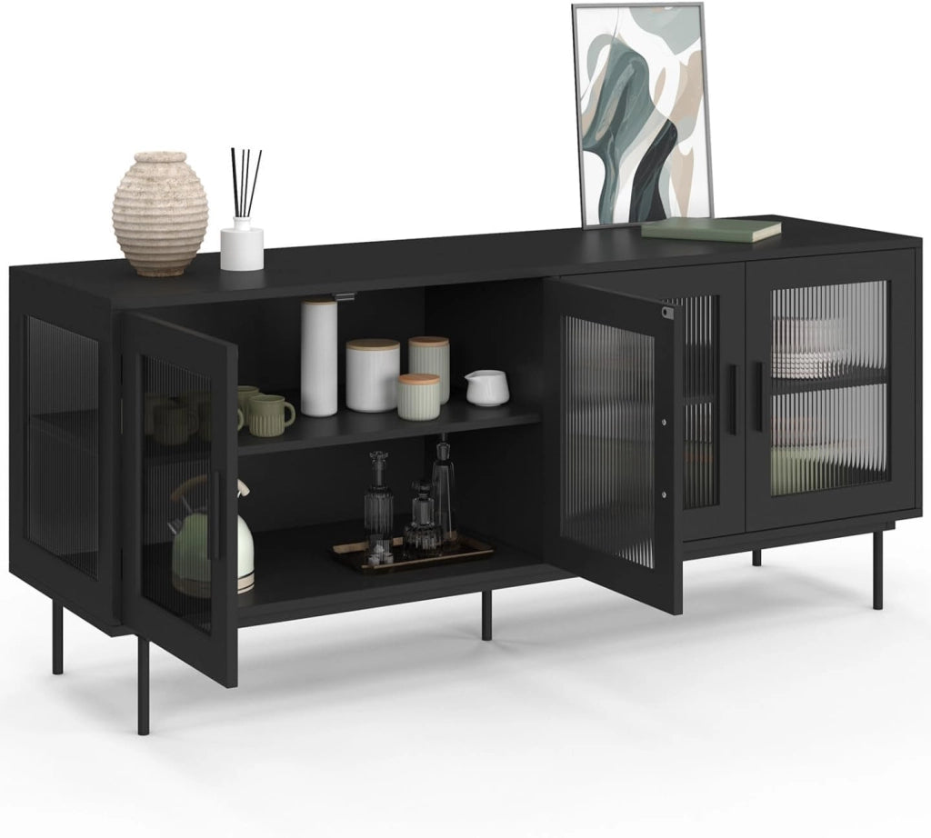 Credenza ZINEB 140 cm, 4 ante in vetro, frontale nero scanalato