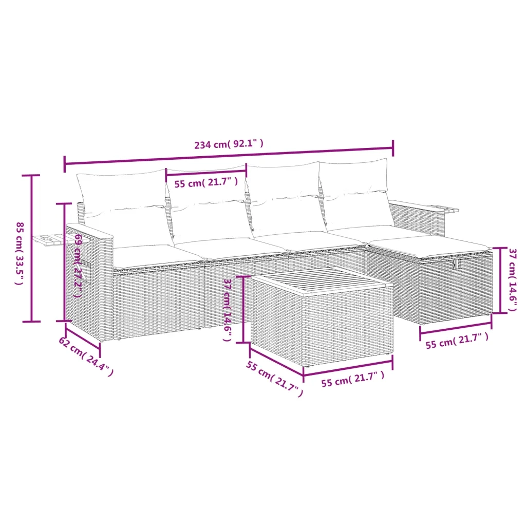 Set Divano da Giardino 6 pz con Cuscini Grigio in Polyrattan