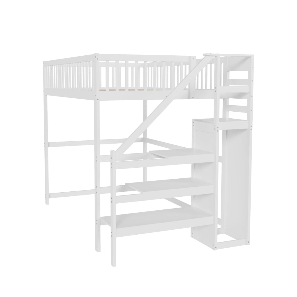 Letto a castello bianco in legno con scala e ripiano portaoggetti 140x200 cm
