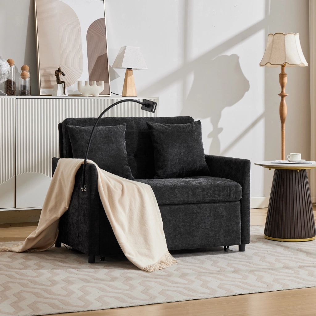 Divano convertibile moderno con porta USB e supporto tablet in tessuto effetto lino nero 109 × 72 × 83,5 cm