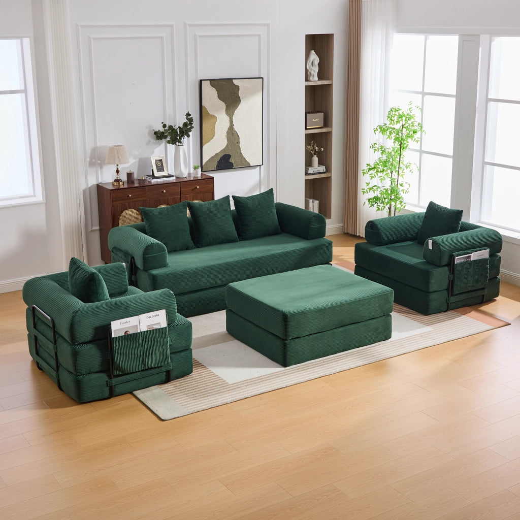 Divano modulare 4 posti con pouf e tasca laterale in velluto a coste verde smeraldo