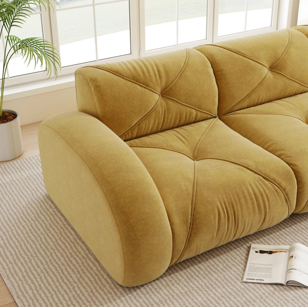 Divano modulare senza struttura in chenille giallo; imbottitura in schiuma 32D e design flessibile