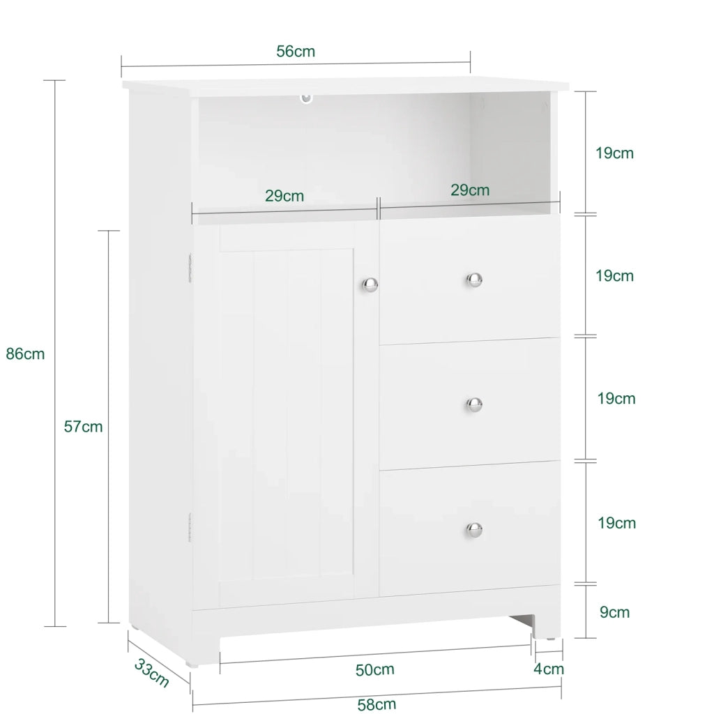 Mobile Bagno Con Tre Cassetti Mobile Contenitore Mobile A Terra Bianco 60x33x86cm BZR107-W SoBuy