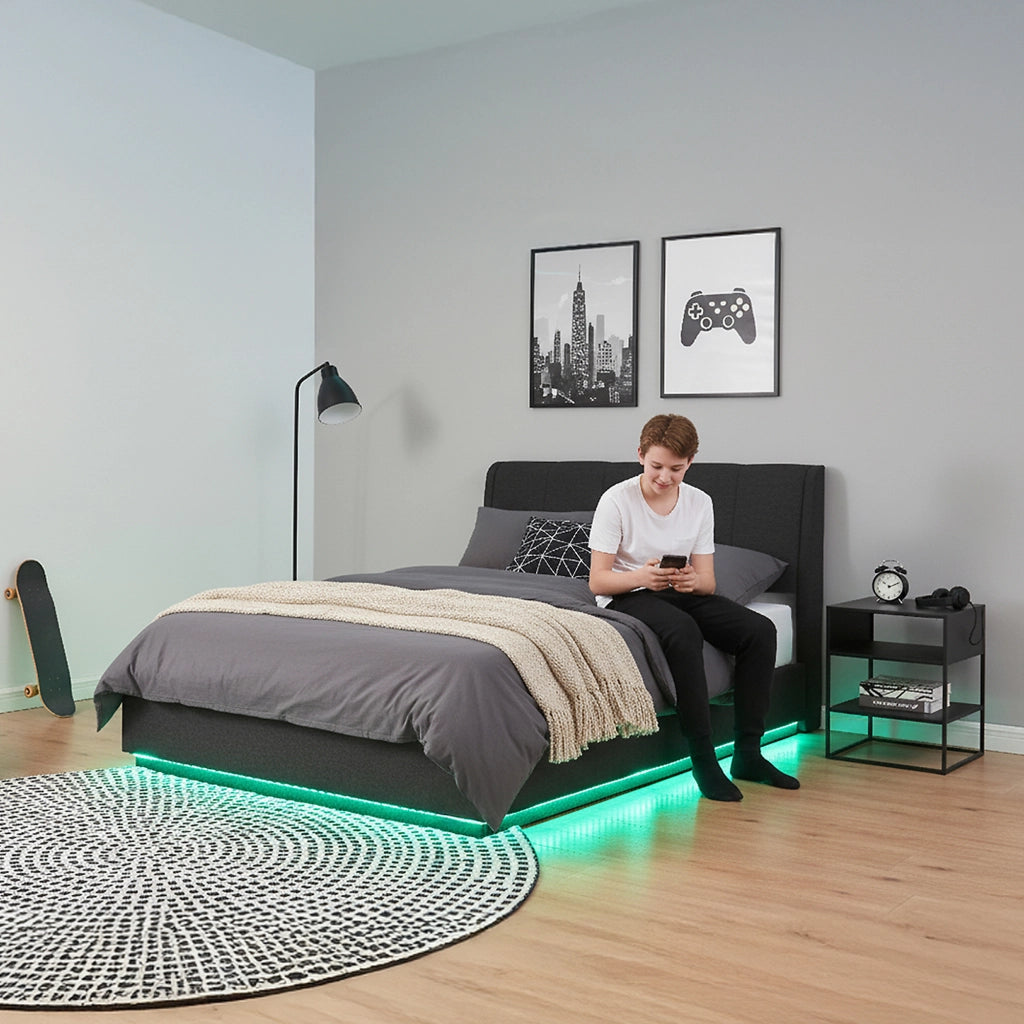 Letto Contenitore Tröstiar con Luce LED Letto Matrimoniale con Materasso 160x200 cm Nero [en.casa]