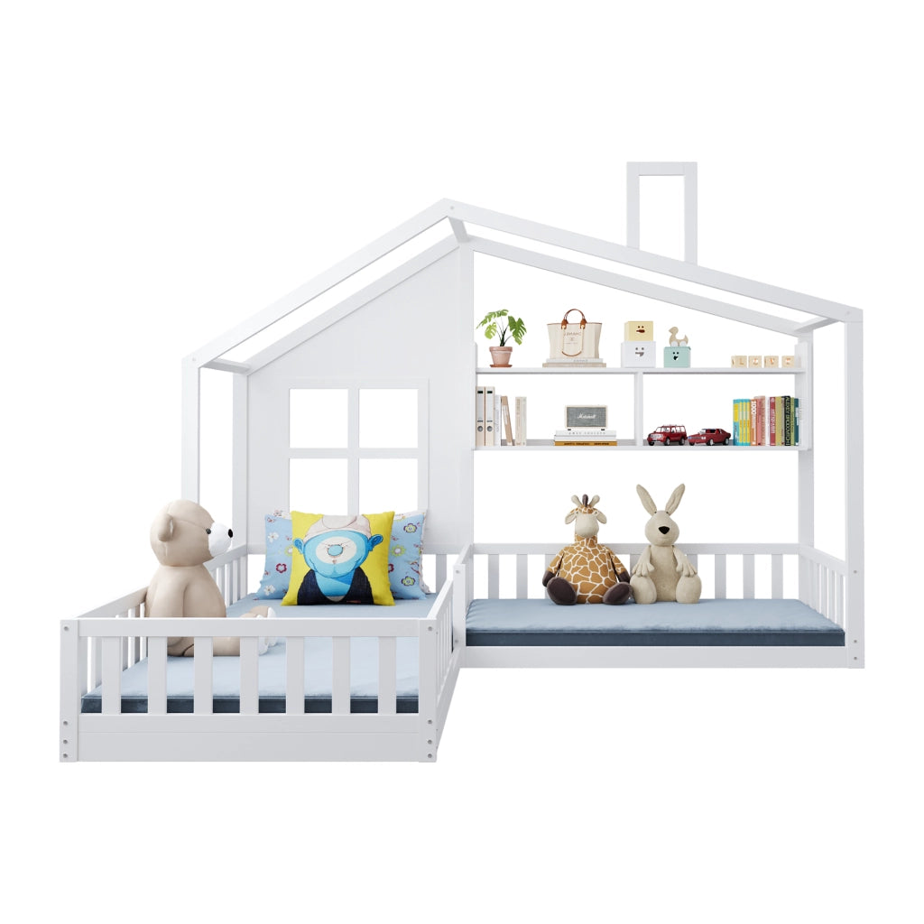 Letto per bambini a forma di casa con LED e scaffali, 90x200 cm, bianco