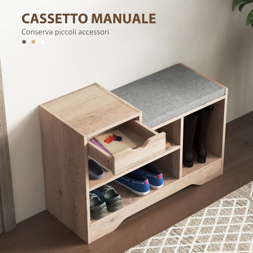 Panca Scarpiera con Ripiani Aperti e Cassetti ¨C zephmum ¨C Legno, Grigio, 76.5x30x52 cm
