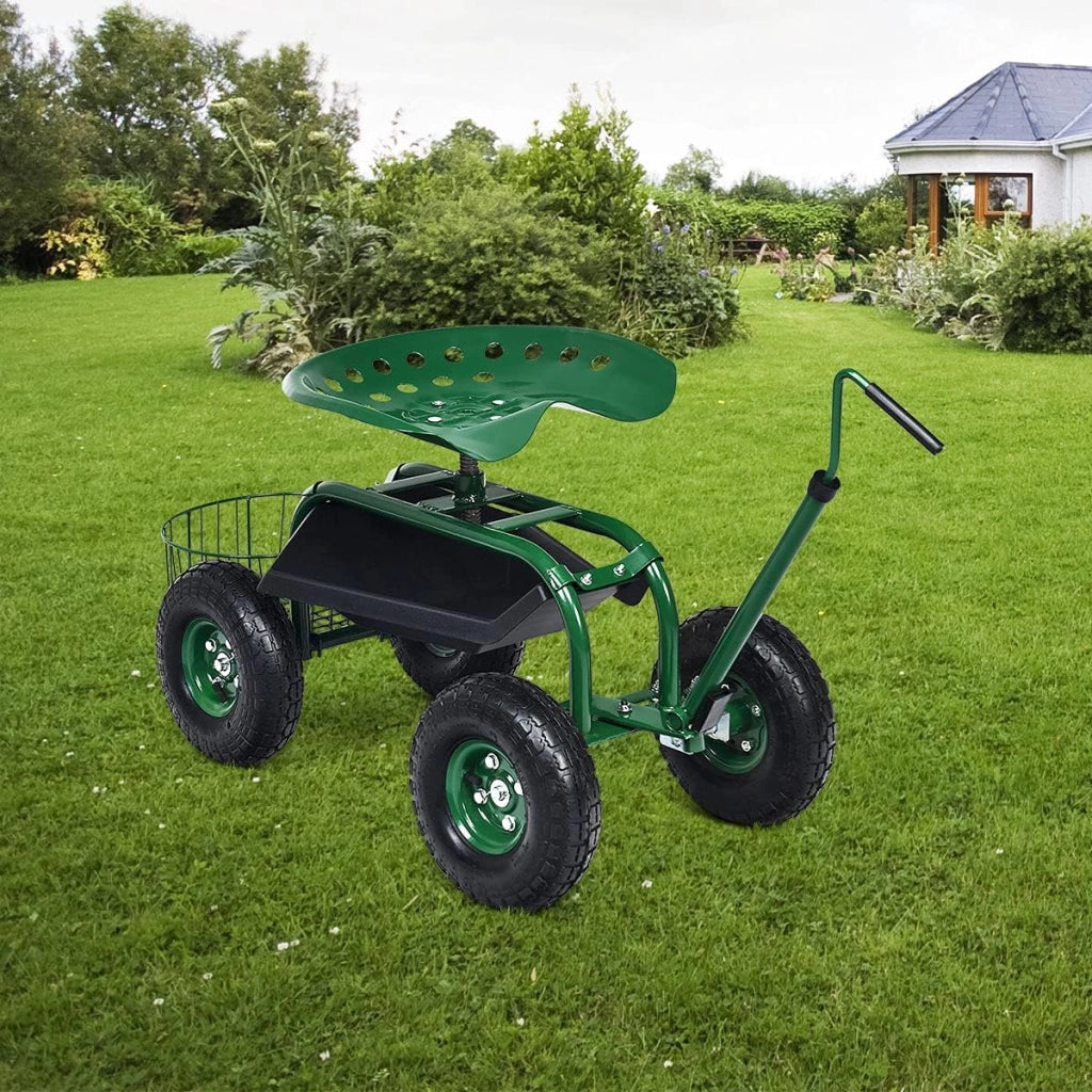 Sgabello per Giardinaggio con Ruote, Sedile da Giardino Regolabile in Altezza con Manico Estensibile, Cesto Portaoggetti, 2 Vassoi e 4 Ruote in Gomma (96,5 x 47,5 x 47-55 cm)