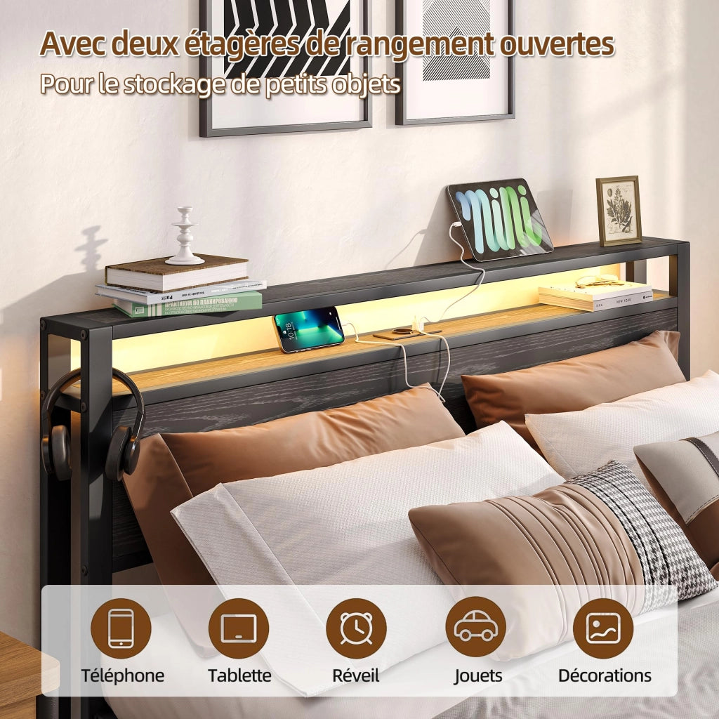 Letto contenitore 140 × 190 cm con testiera a 2 ripiani, USB Type-C, senza materasso, in metallo e MDF, nero