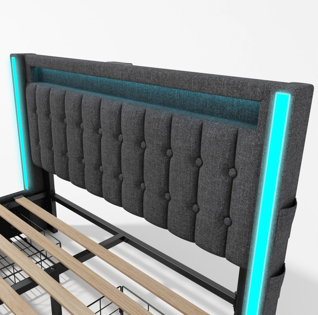 Letto imbottito matrimoniale 160x200 cm in tessuto effetto lino grigio con LED; USB e 4 cassetti