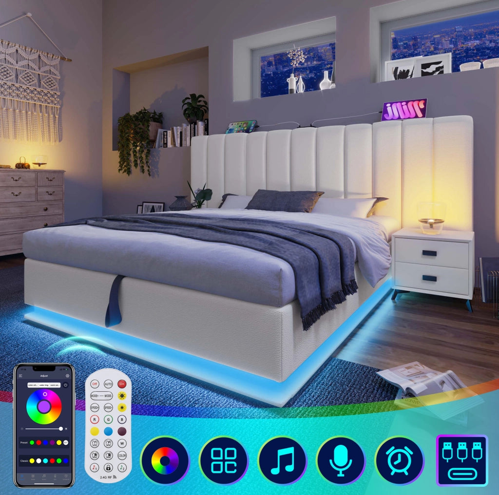 LETTO Contenitore 180x200 cm PU Bianco con LED e ricarica USB-C