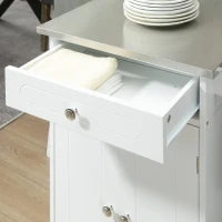 Carrello da Servizio per Cucina con Ruote Multi Stoccaggio, 1 Cassetto, Armadio Doppia Porta con Ripiano, Porta Strofinacci, MDF Bianco e Acciaio Inox