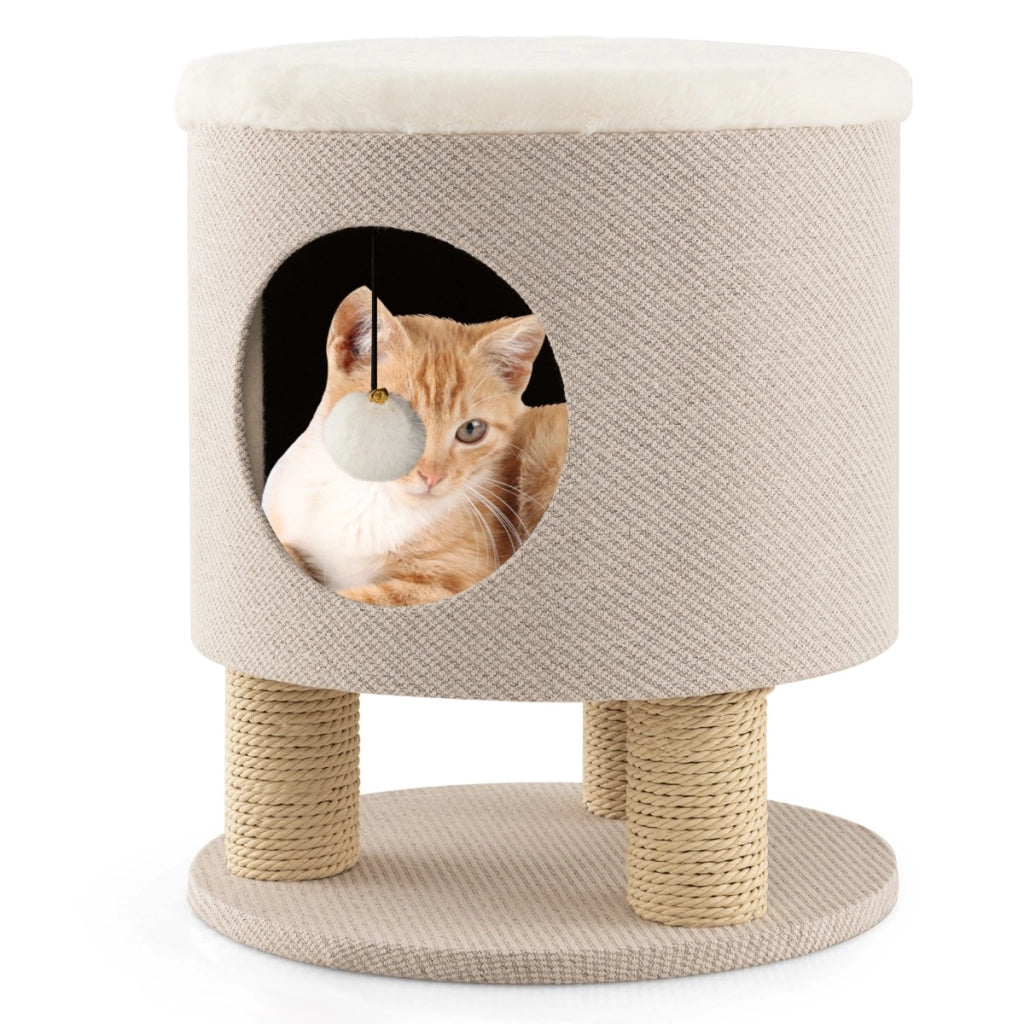 Sgabello nicchia per gatti con pali tiragraffi e pallina di peluche, Casetta per animali domestici multiuso Beige-Lettini e divanetti