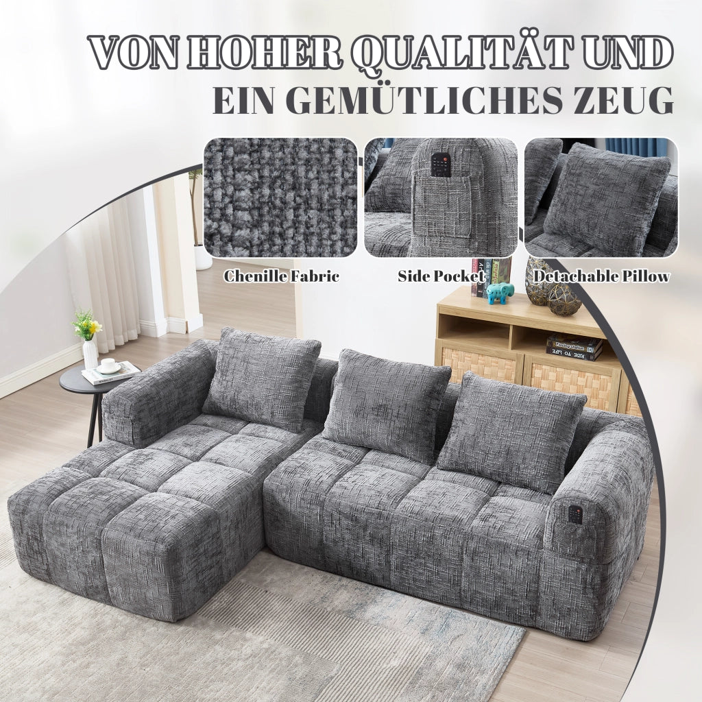 Divano Angolare 3 Posti con Chaise Longue e Tasche Laterali; Ciniglia; Grigio; 250 × 158 × 60 cm