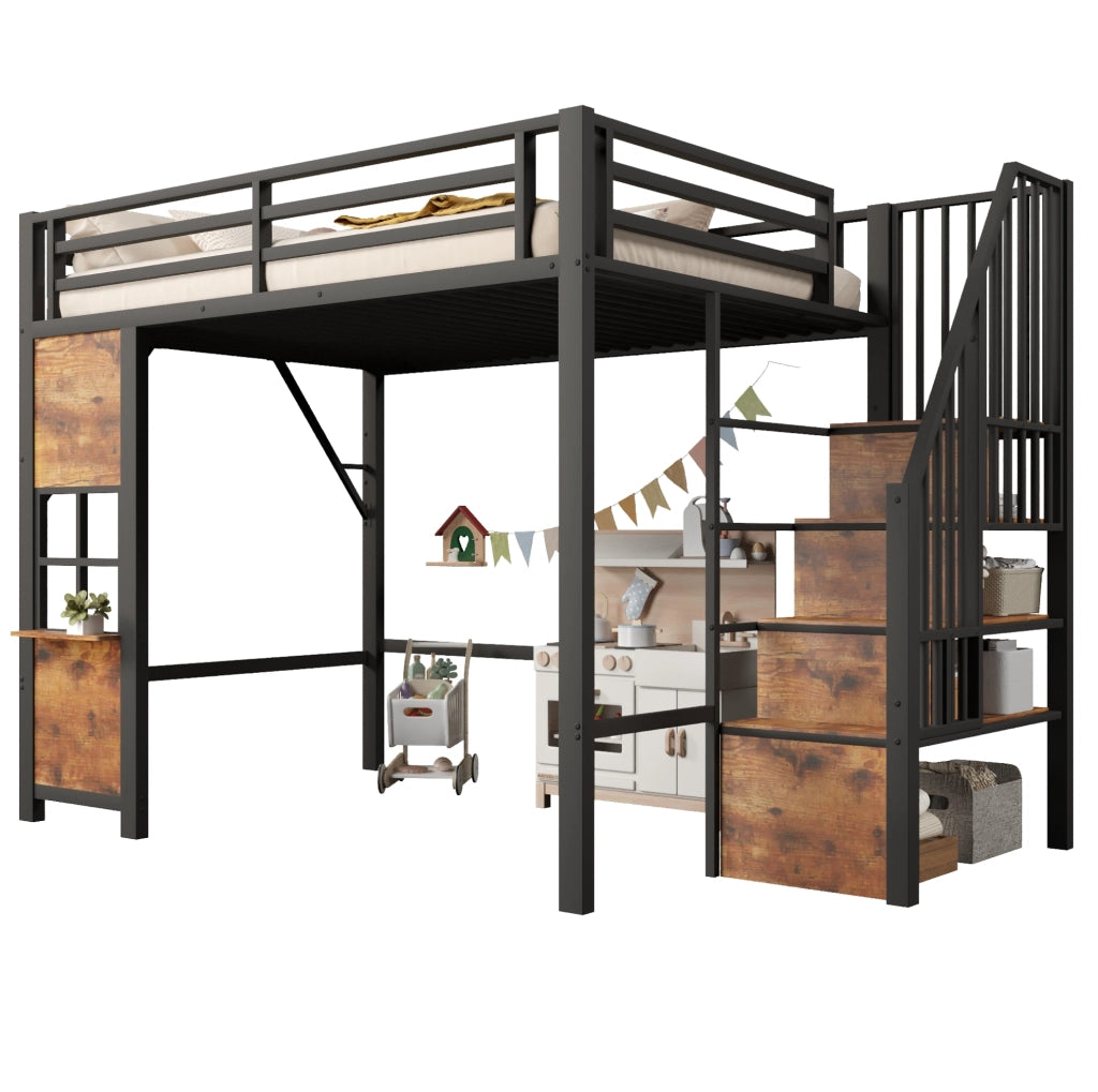 Letto a soppalco 140x200 cm con scala contenitore e area gioco, nero