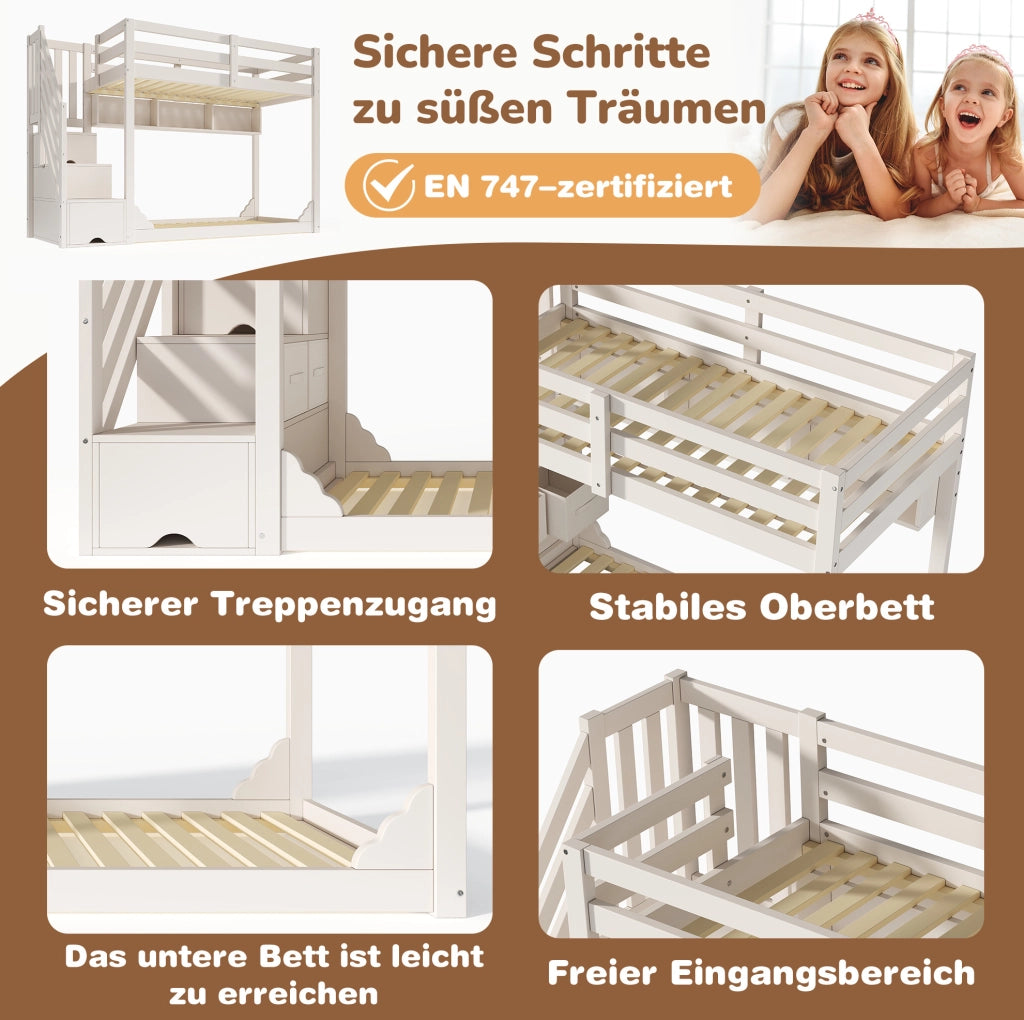 Letto a castello per bambini 90x200 cm bianco con scala contenitore e ripiani integrati