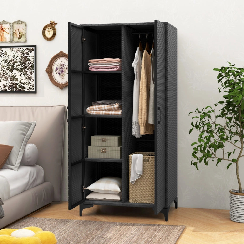 Armadio in vimini con 2 ante asta appendiabiti e 4 cubi di stoccaggio, Armadio guardaroba da 157cm Nero-Armadi Appendiabiti