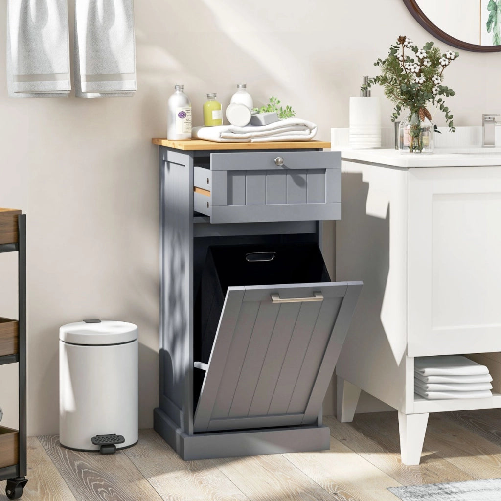 Mobiletto per lavanderia con cesto, Cesto per biancheria a ribalta autoportante con cassetto 40x37x82cm Grigio-Cesti del bucato